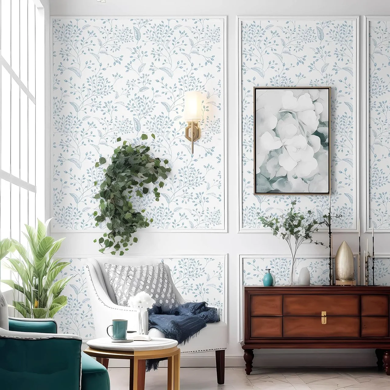Heroad Light Blue Boho Floral peel and stick wallpaper in a room