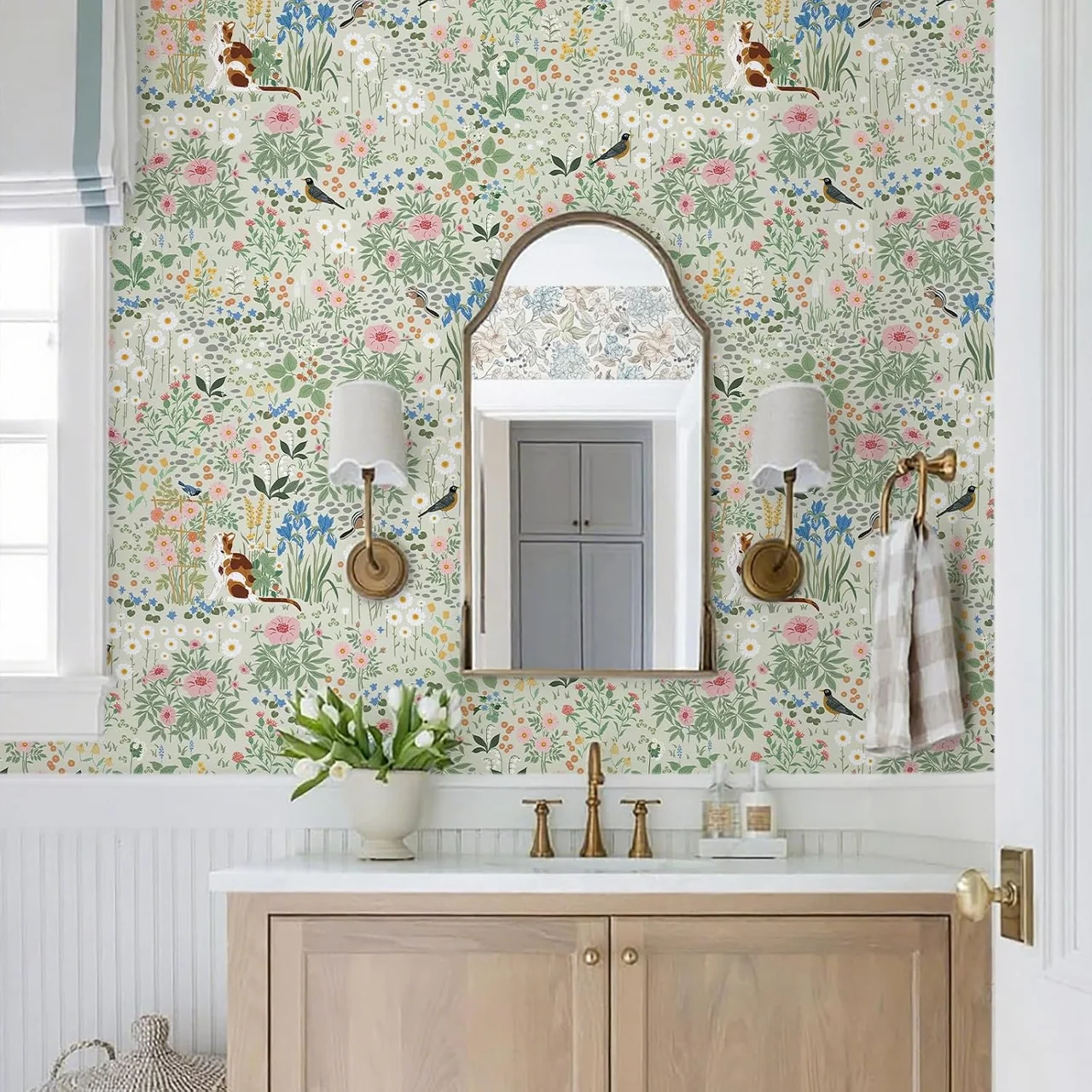 Heroad Light Green Boho Floral peel and stick wallpaper in a room