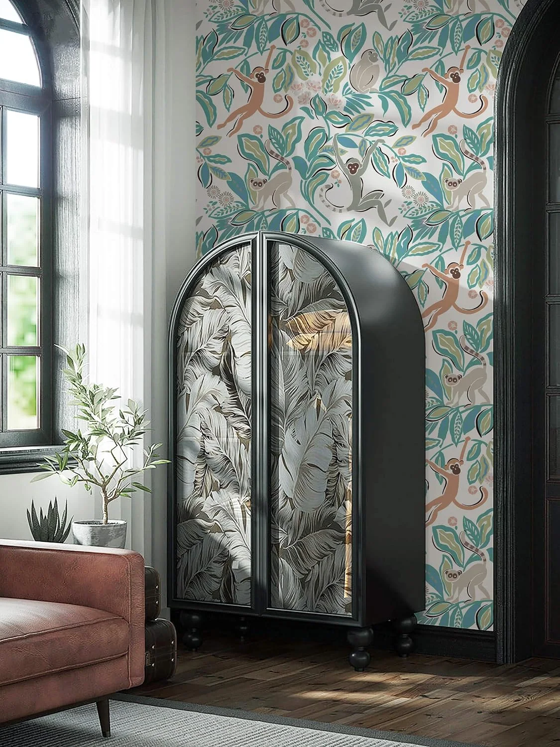 Heroad Green Jungle Monkey peel and stick wallpaper in a room