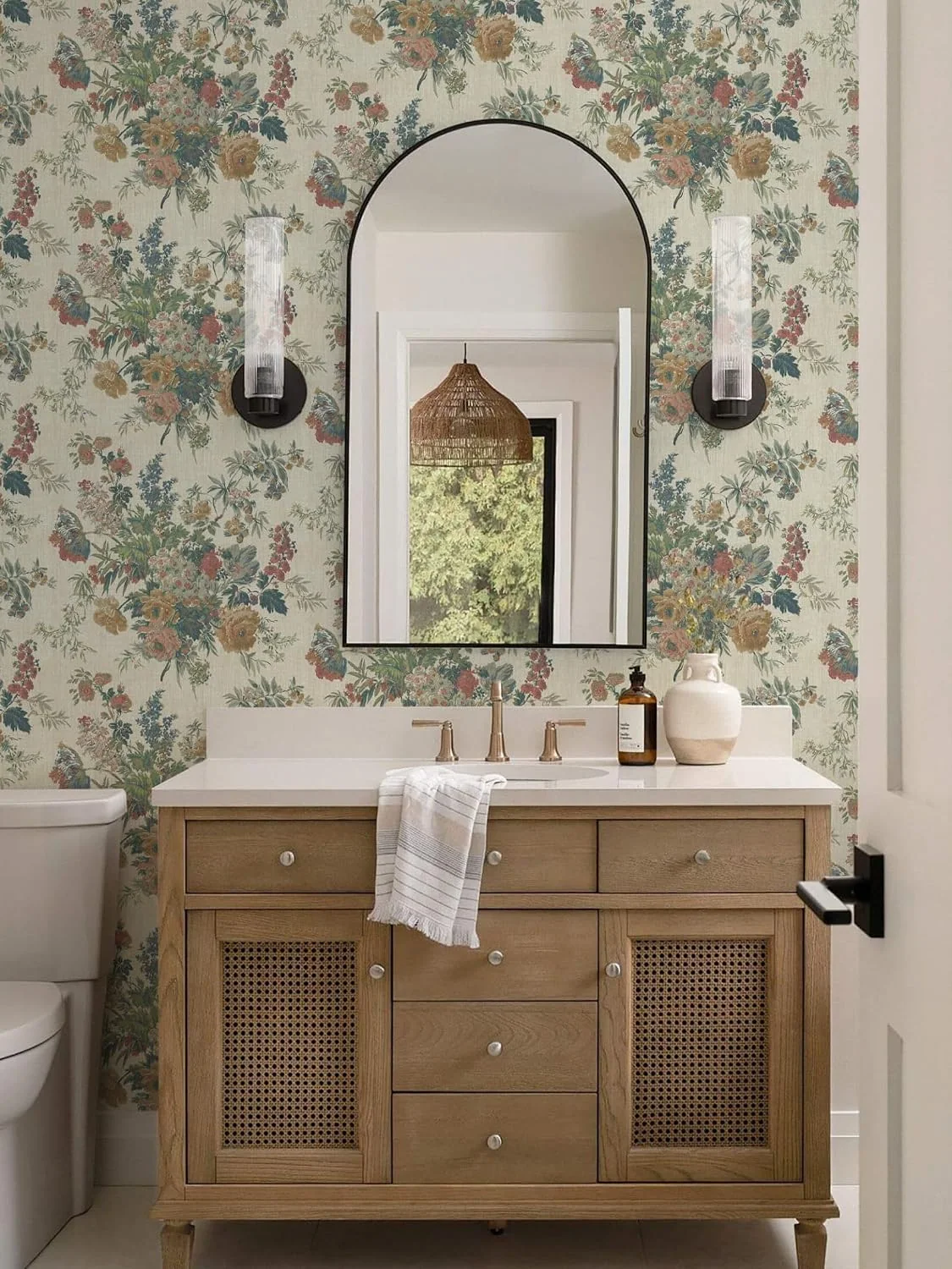 Farmhouse Chintz Floral in a bathroom with a wooden vanity