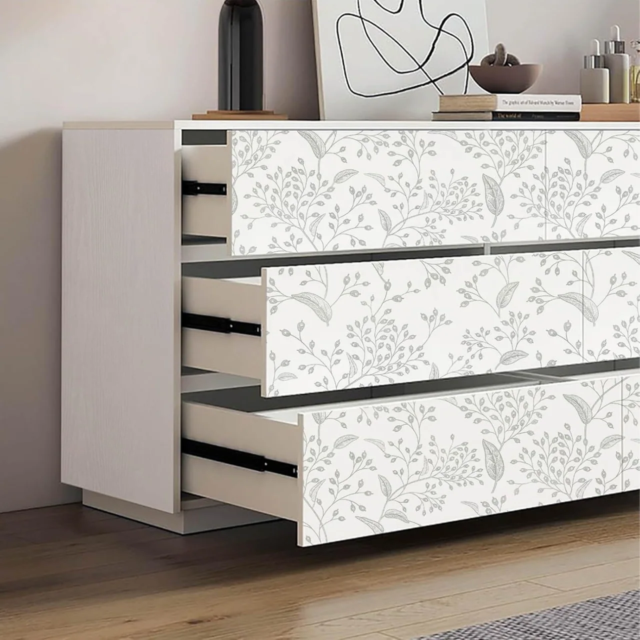Heroad White and Silver Floral peel and stick wallpaper in a room