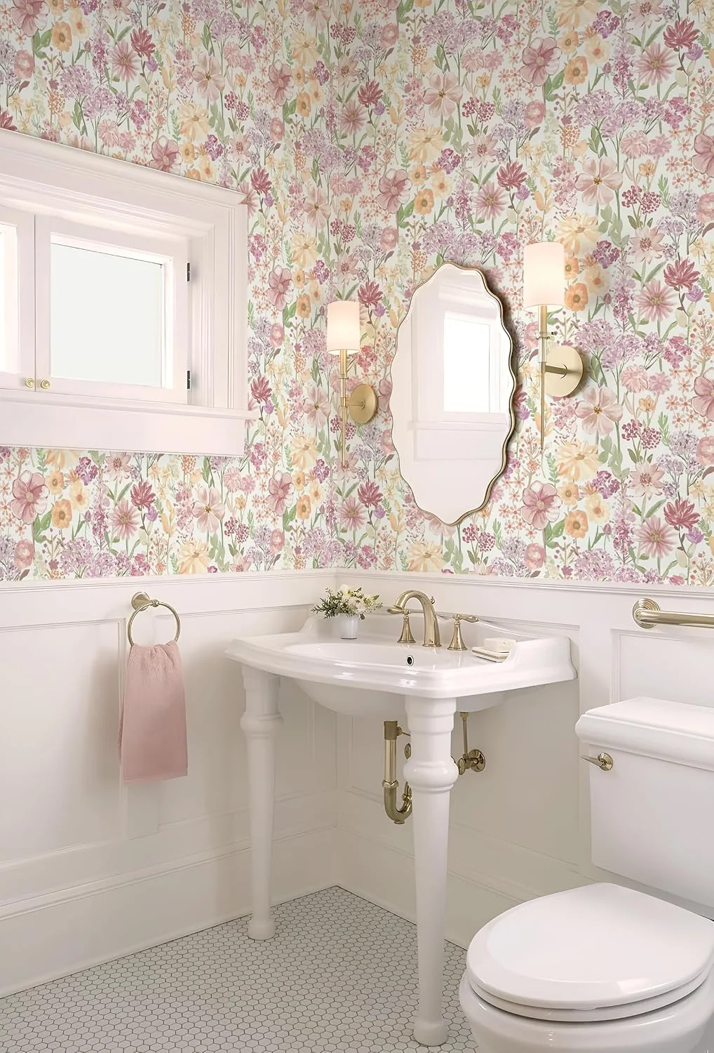 Heroad Pink Farmhouse Floral peel and stick wallpaper in a room