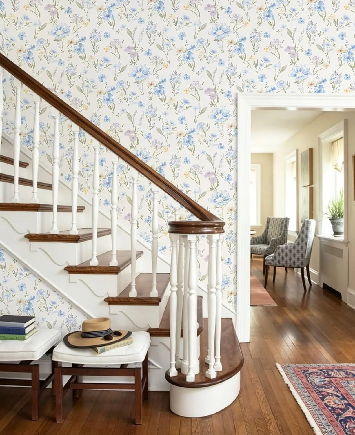 Heroad Blue Vintage Botanical peel and stick wallpaper in a room