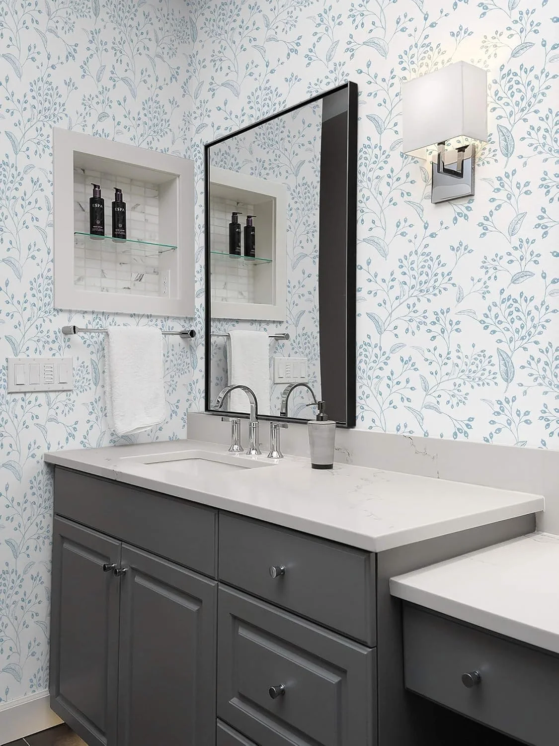 Heroad Light Blue Boho Floral peel and stick wallpaper in a room