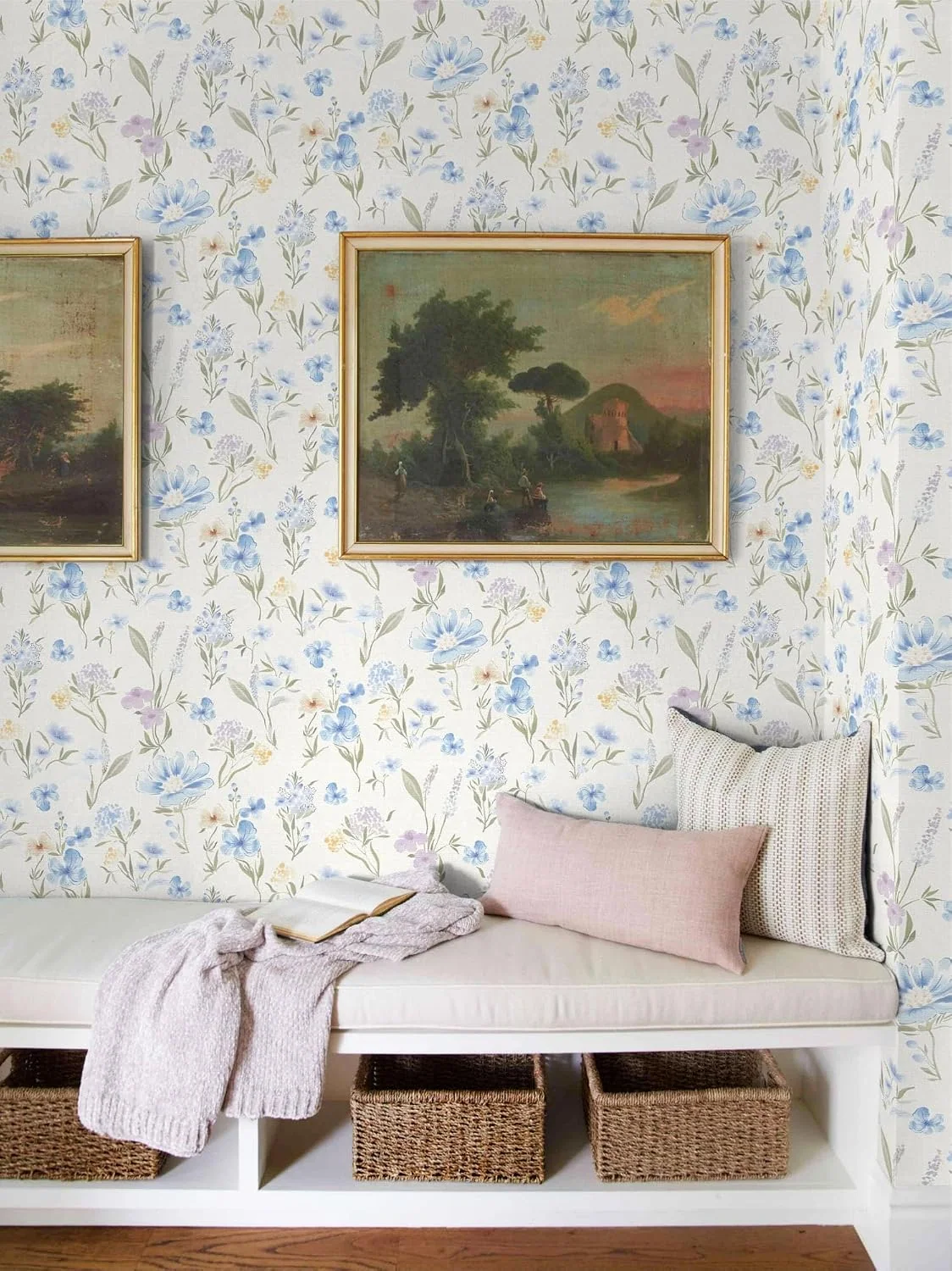 Heroad Blue Vintage Botanical peel and stick wallpaper in a room