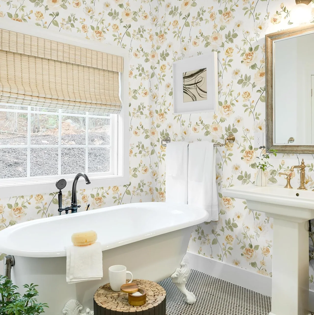 Heroad Yellow Watercolor Floral peel and stick wallpaper in a room