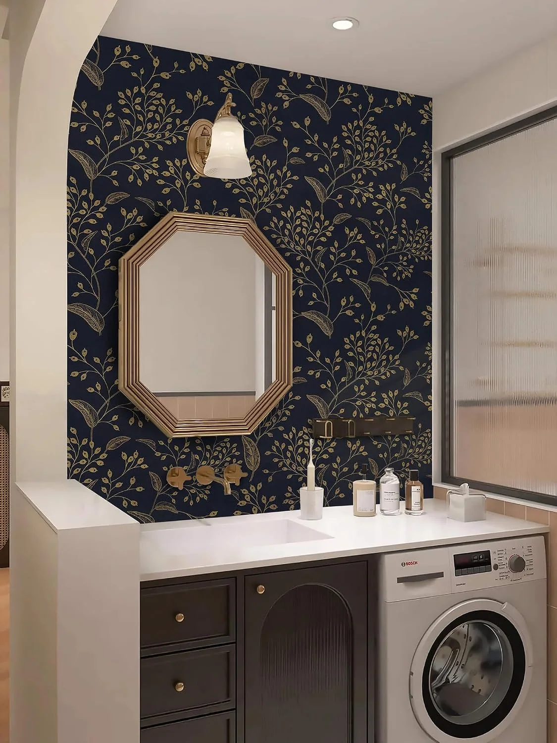Heroad Dark Blue and Gold Modern Floral peel and stick wallpaper in a room
