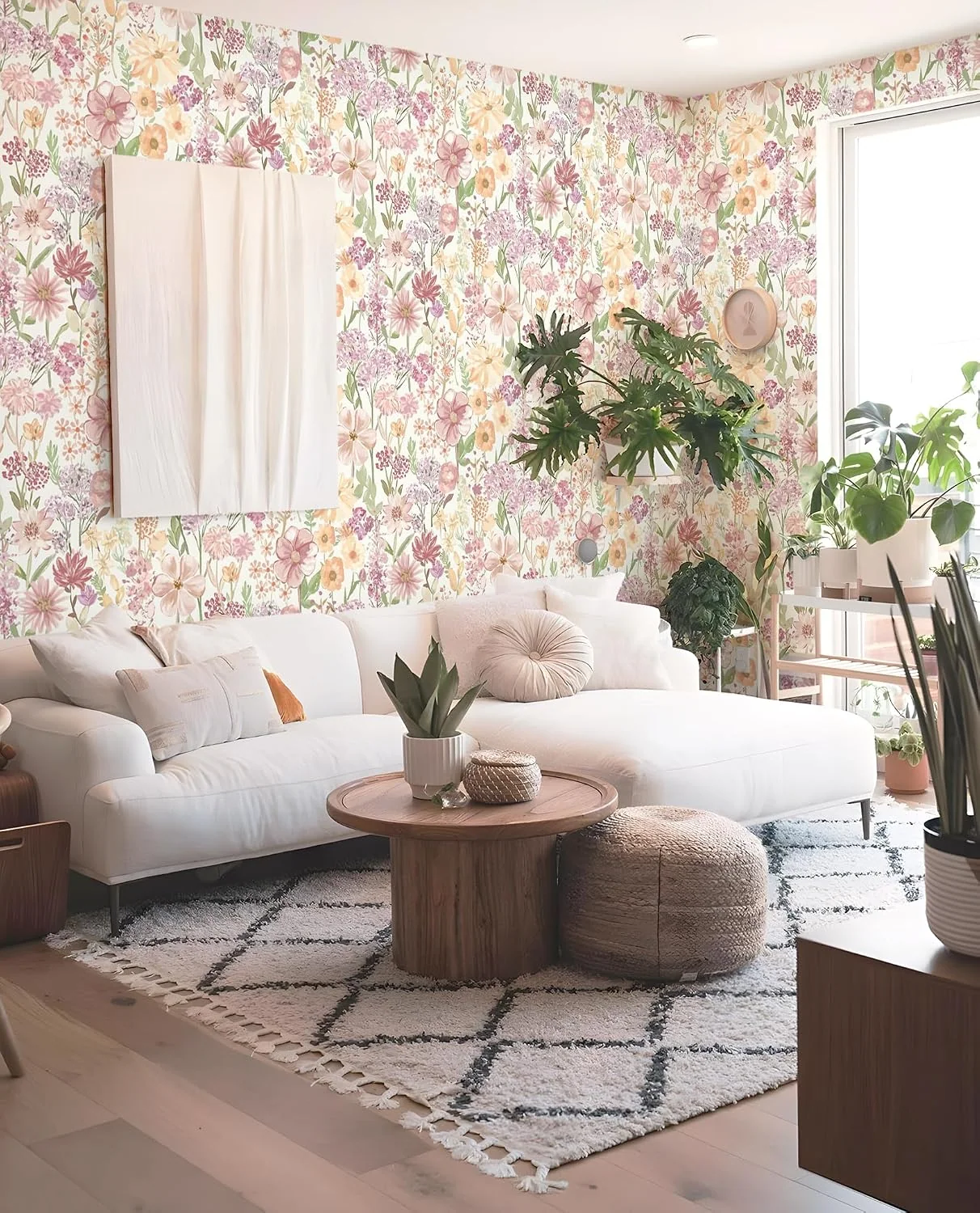 Heroad Pink Farmhouse Floral peel and stick wallpaper in a room