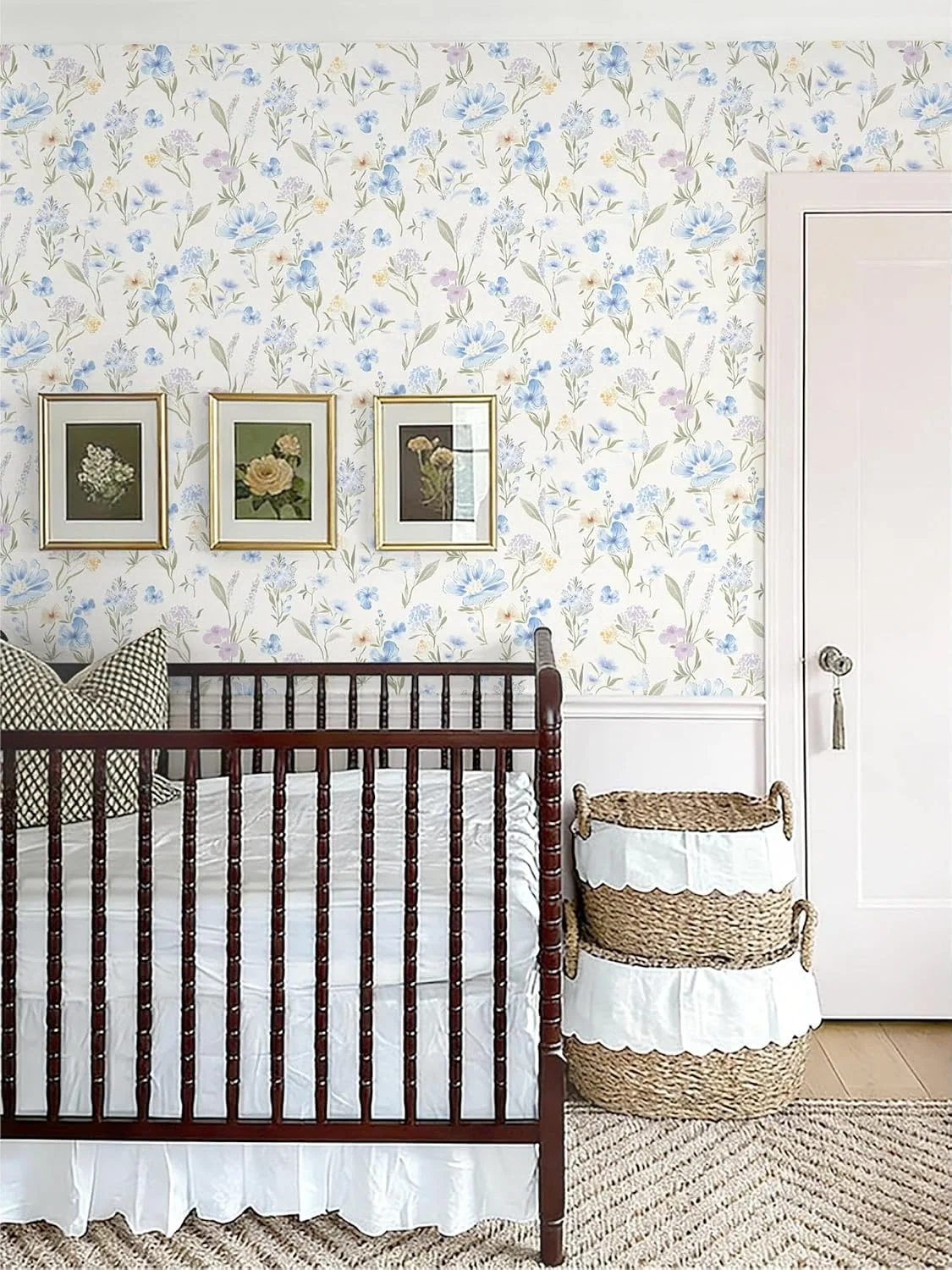 Heroad Blue Vintage Botanical peel and stick wallpaper in a room