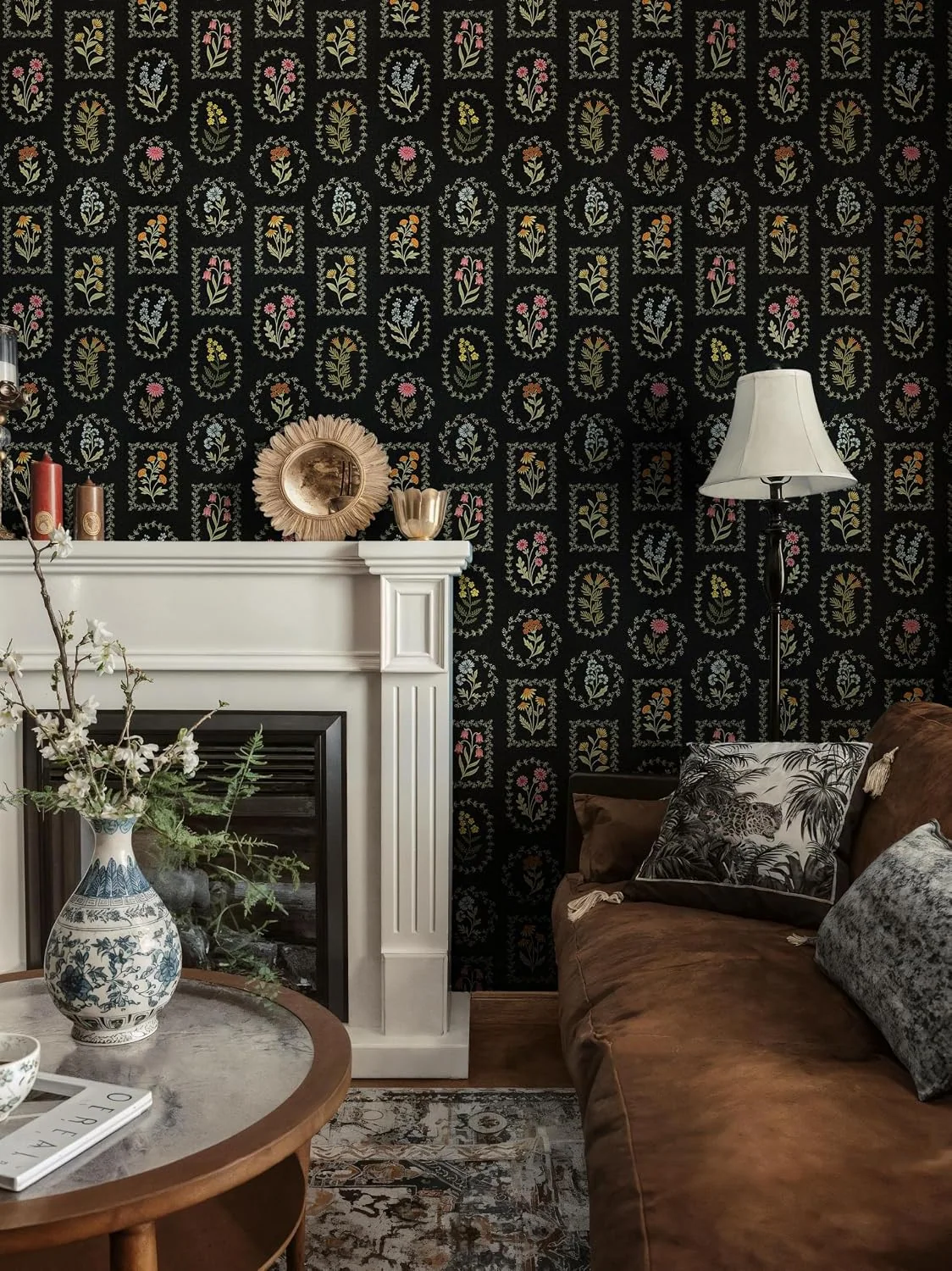 Heroad Black Botanical Cameo peel and stick wallpaper in a room