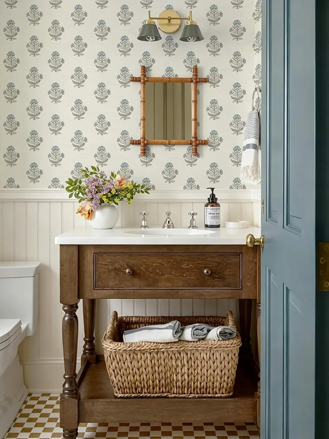 Heroad Blue Cottage Floral peel and stick wallpaper in a room