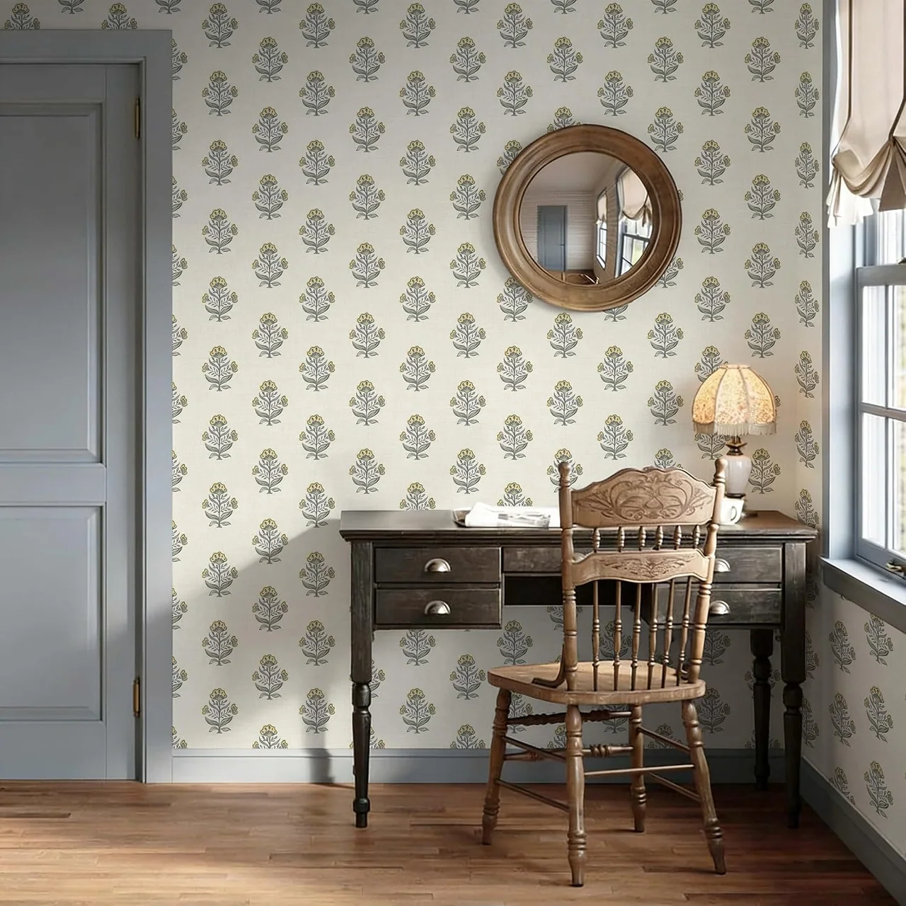 Heroad Sage Block Print Floral peel and stick wallpaper in a room