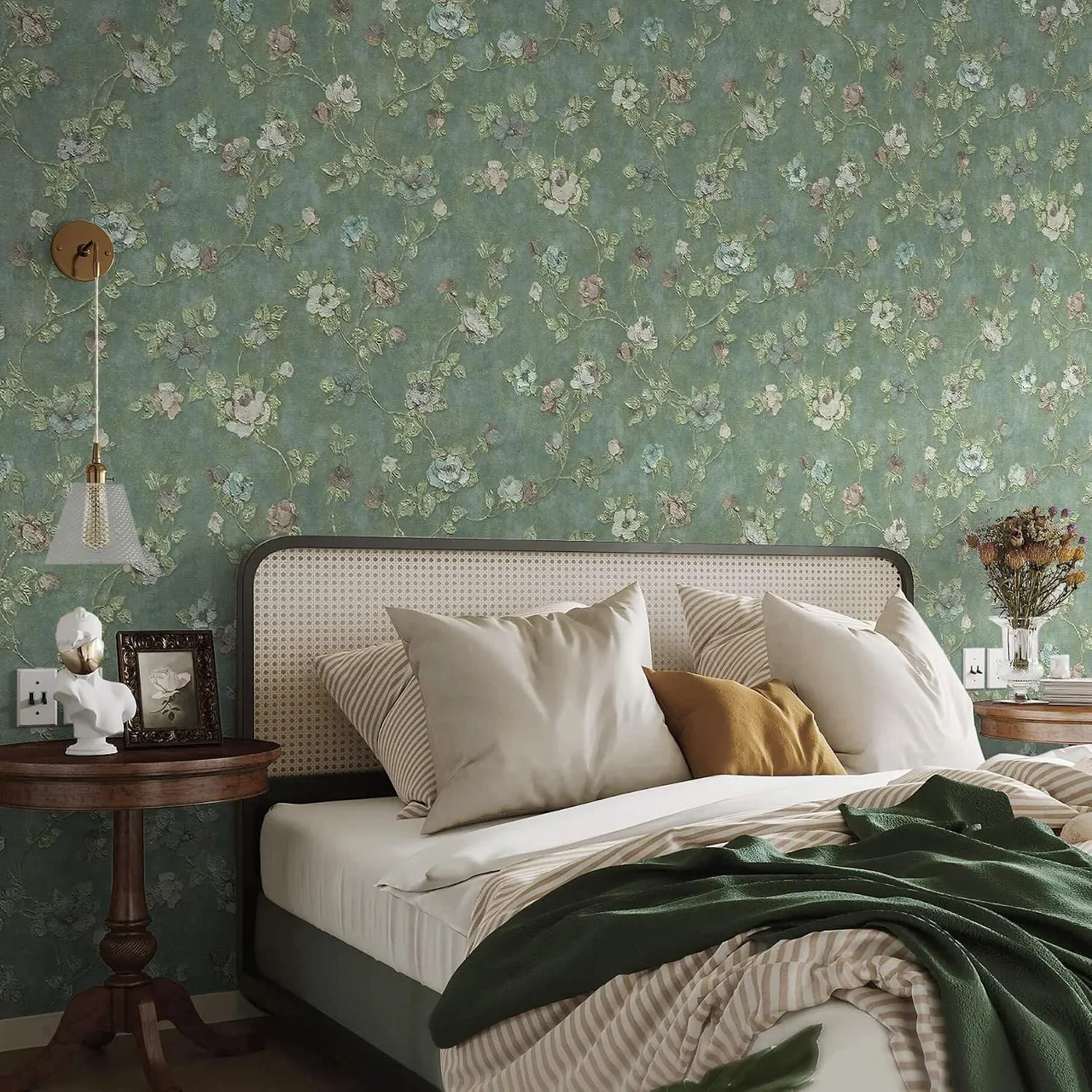 Heroad Green Vintage Rose peel and stick wallpaper in a room