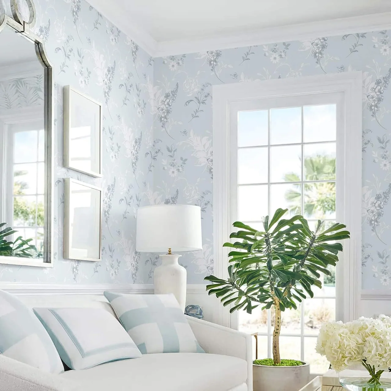 Heroad Blue French Floral peel and stick wallpaper in a room