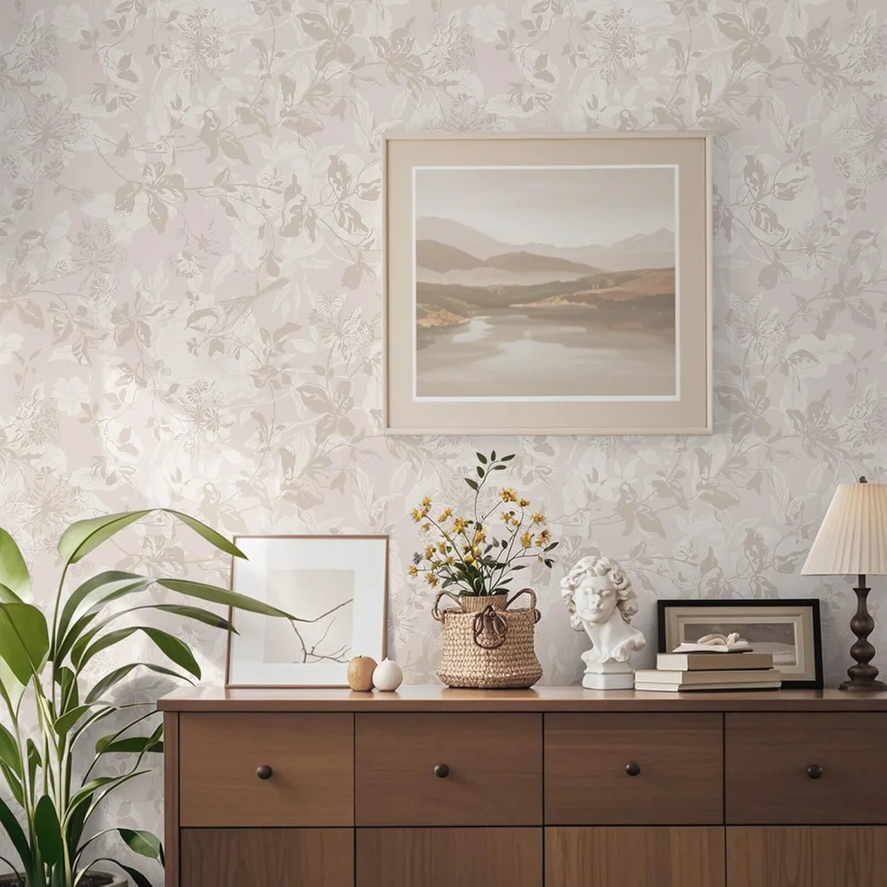 Heroad Beige Brown Watercolor Floral peel and stick wallpaper in a room