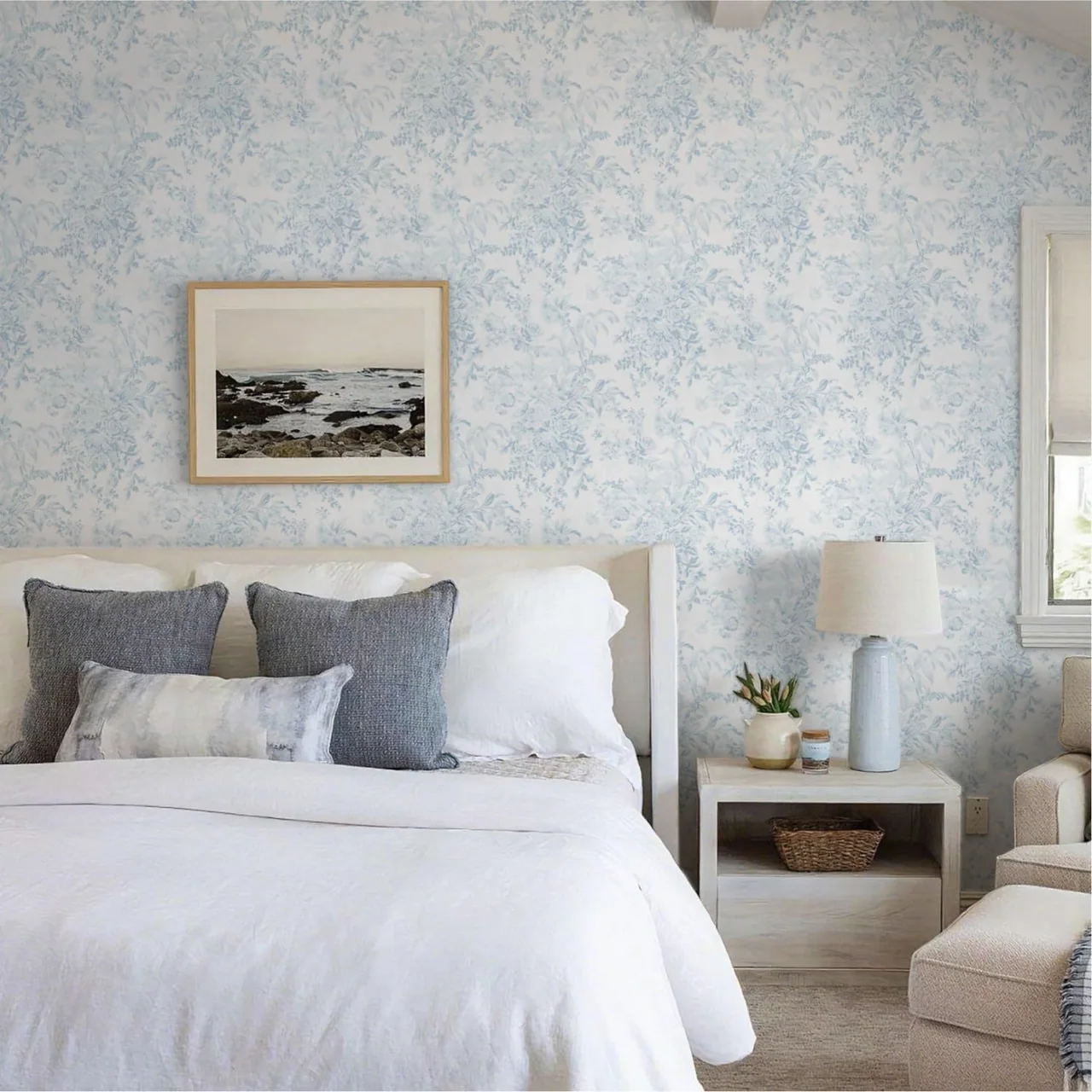 Heroad Blue Toile Leaf peel and stick wallpaper in a room