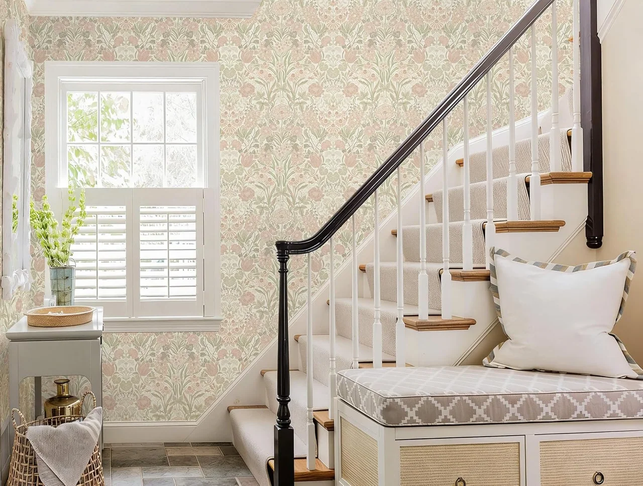 Heroad Pink and Green Vintage Floral peel and stick wallpaper in a room