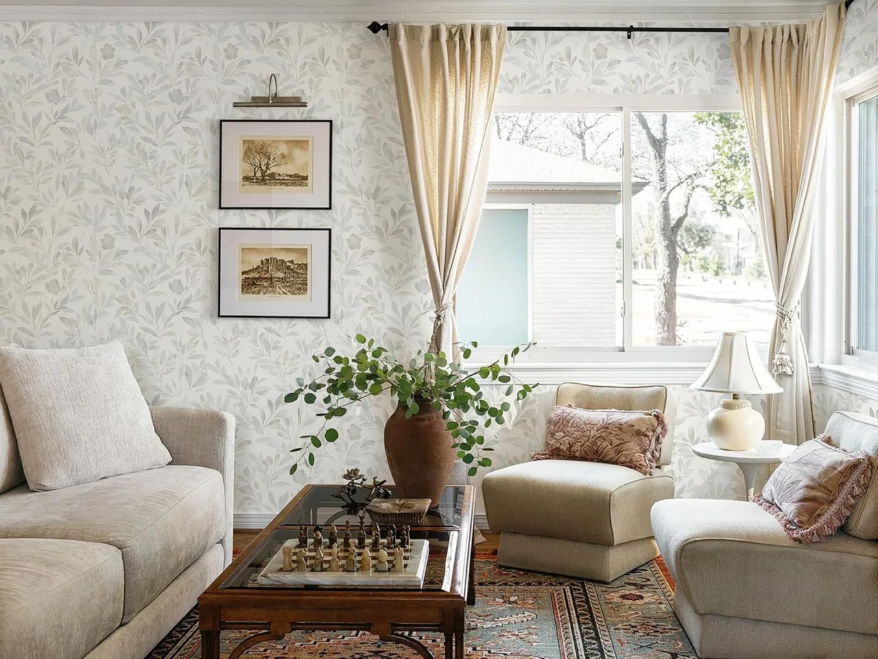Heroad Blue Boho Leaf peel and stick wallpaper in a room