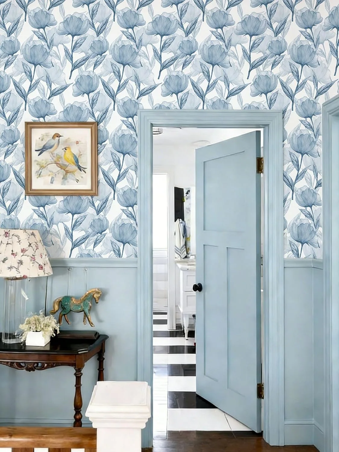 Heroad Blue Large Watercolor Floral peel and stick wallpaper in a room