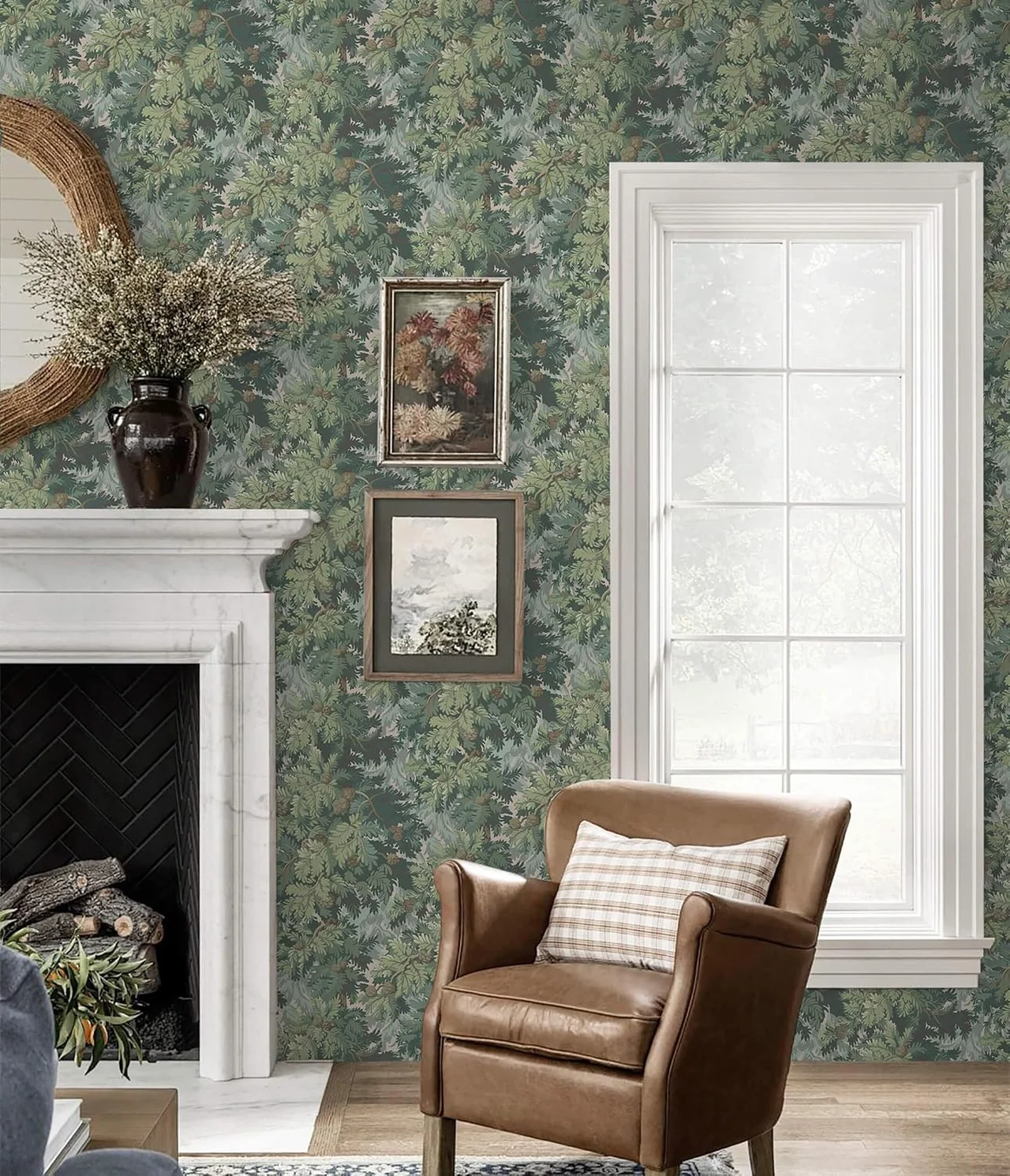 Heroad Dark Green Vintage Botanical peel and stick wallpaper in a room