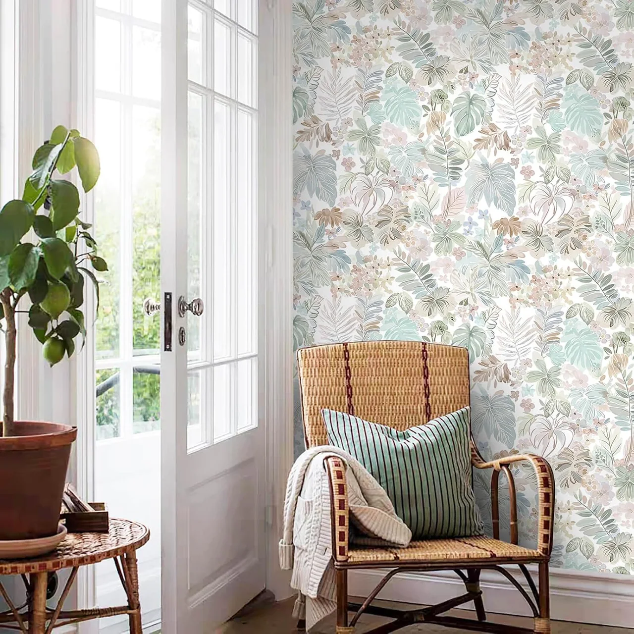 Heroad Pink Tropical Botanical peel and stick wallpaper in a room