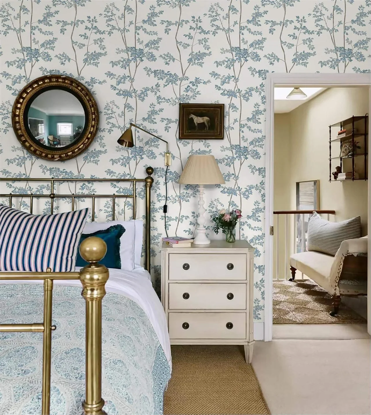 Heroad Blue and White Cottage Leaf peel and stick wallpaper in a room