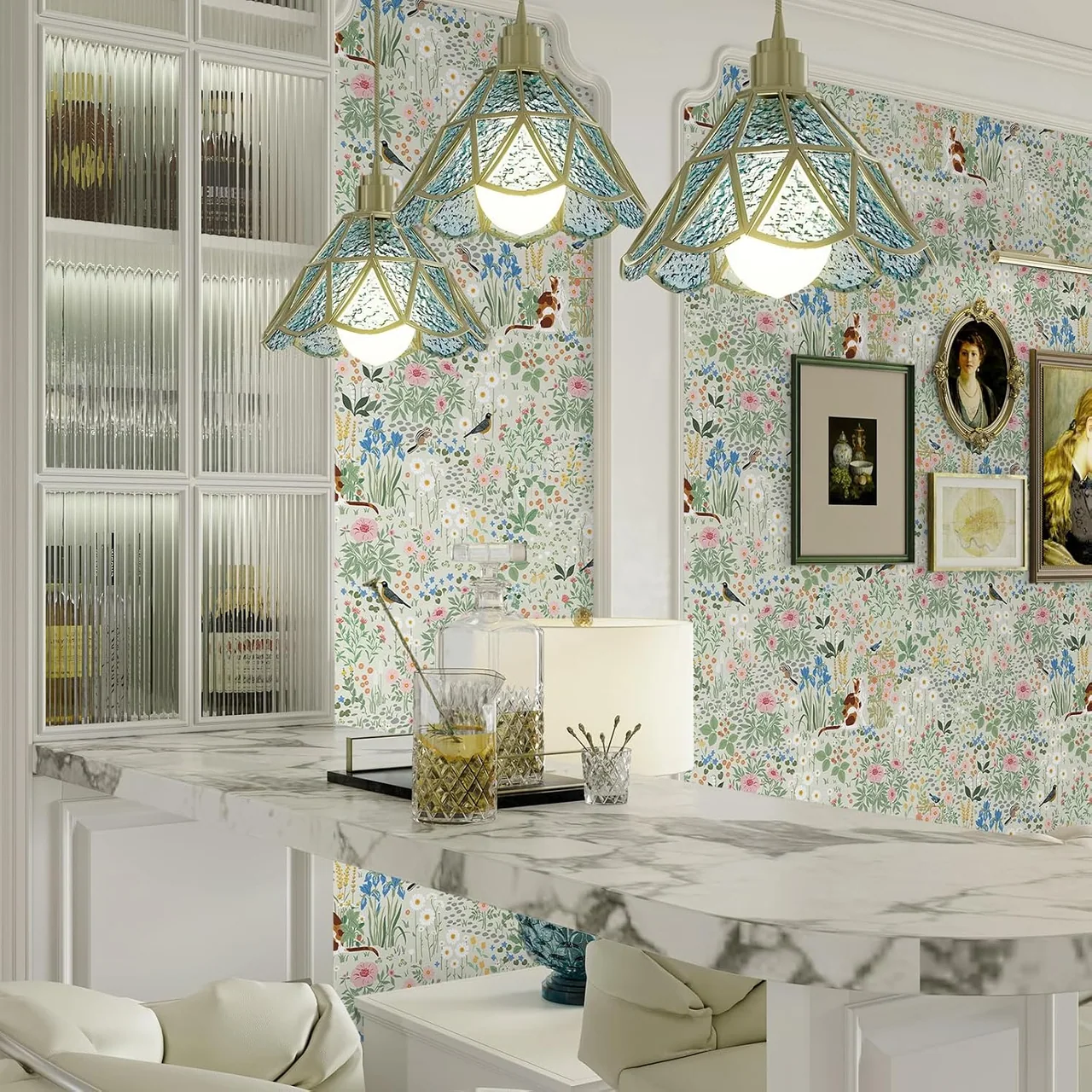 Heroad Light Green Boho Floral peel and stick wallpaper in a room