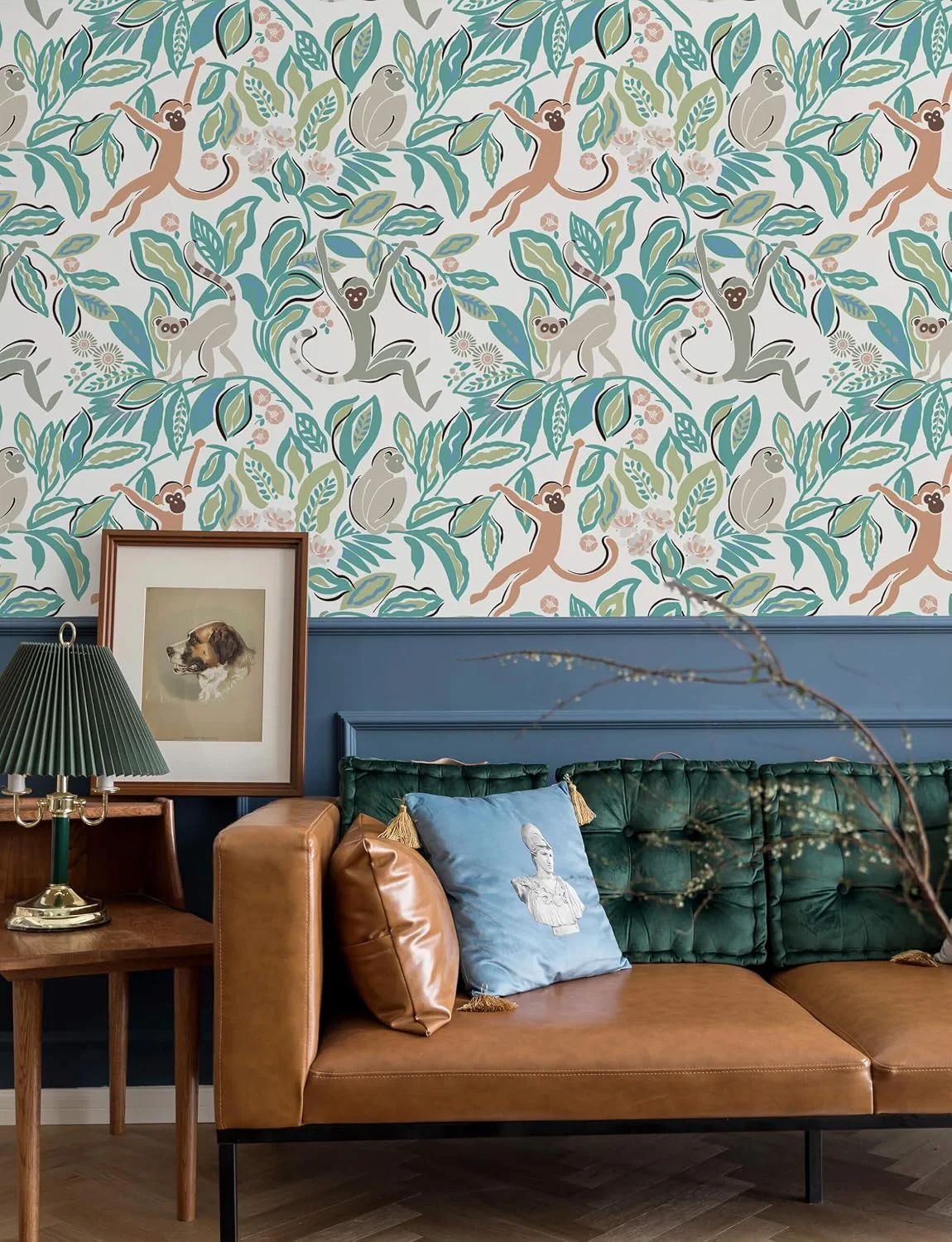 Heroad Green Jungle Monkey peel and stick wallpaper in a room