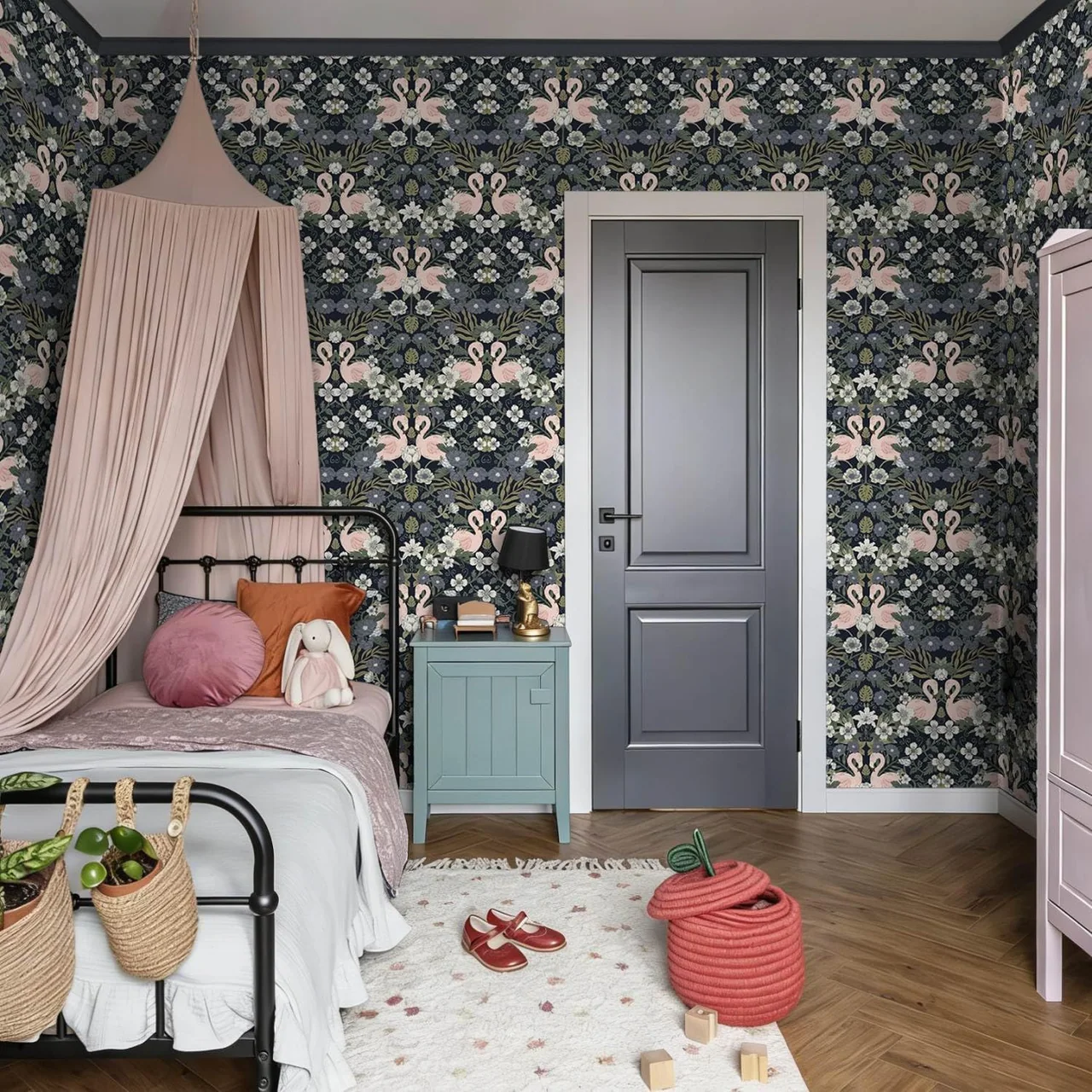 Heroad Dark Blue Vintage Floral peel and stick wallpaper in a room