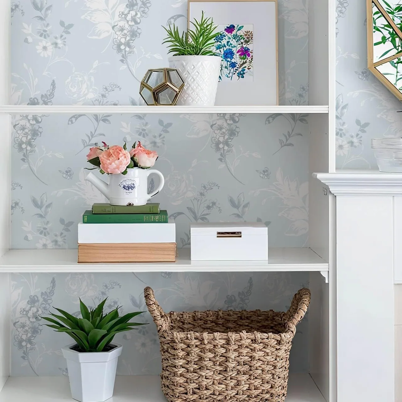 Heroad Blue French Floral peel and stick wallpaper in a room