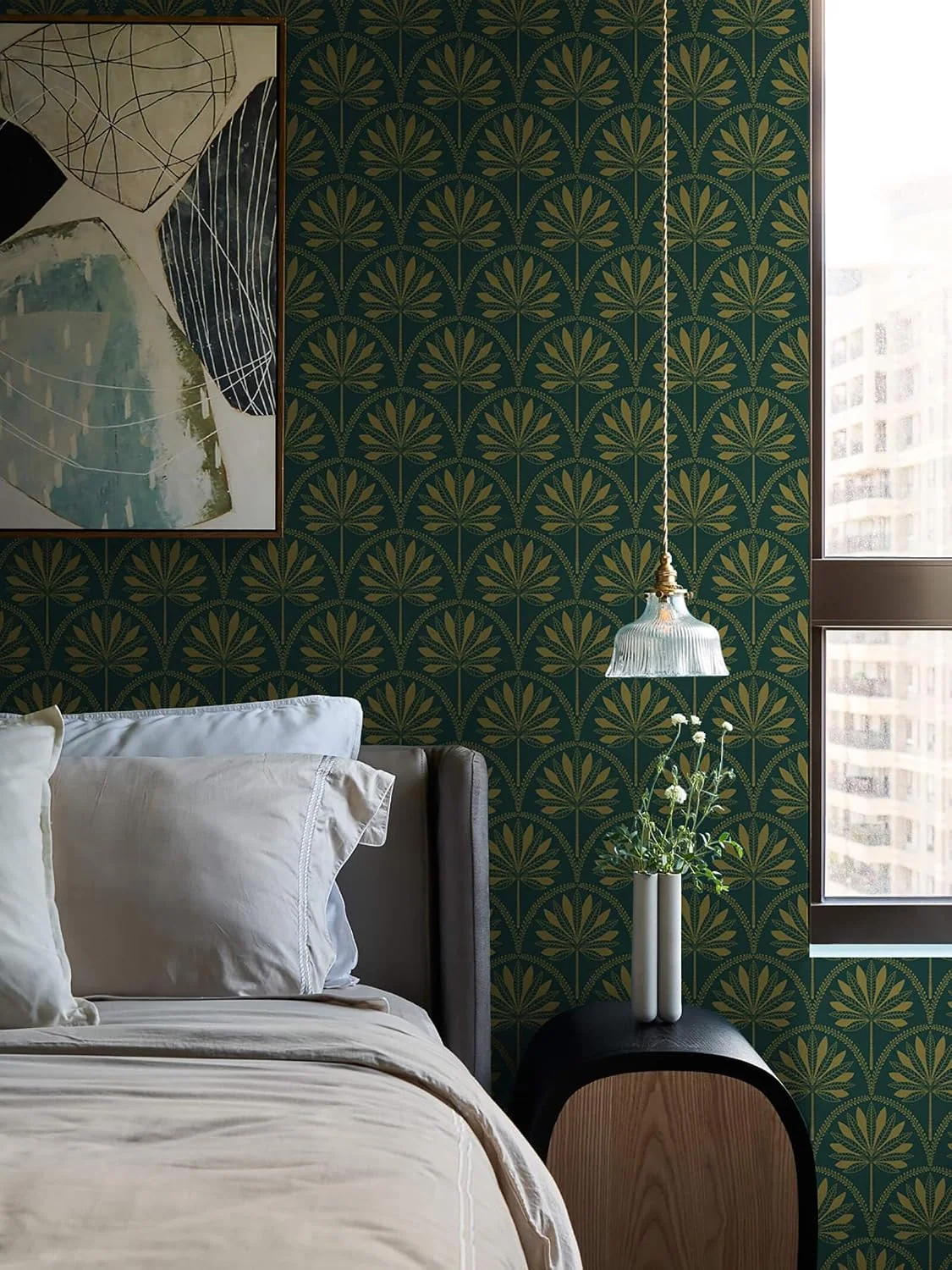 Heroad Dark Green Boho Tropical peel and stick wallpaper in a room