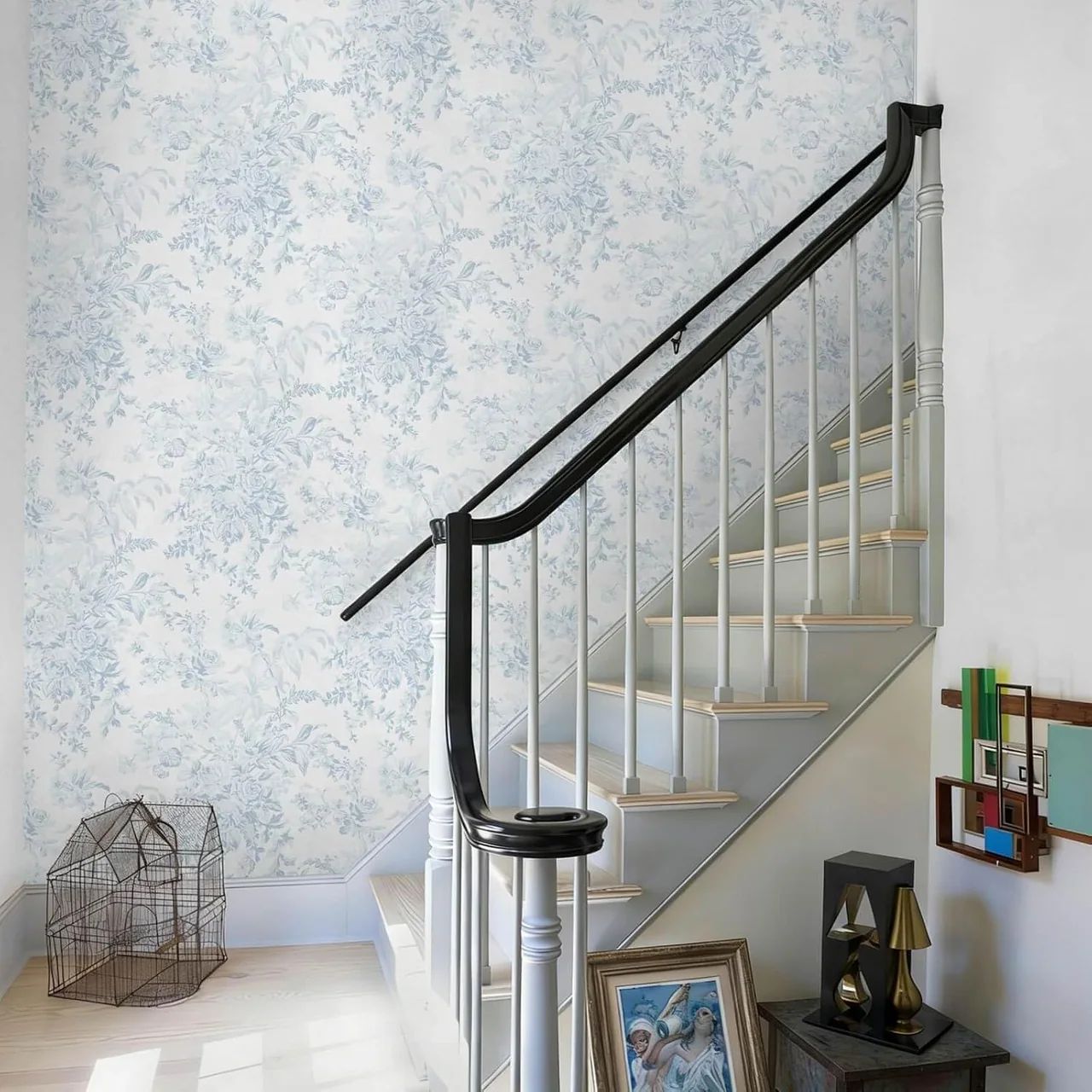 Heroad Blue Toile Leaf peel and stick wallpaper in a room