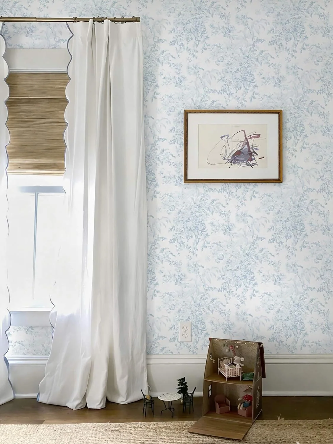 Heroad Blue Toile Leaf peel and stick wallpaper in a room