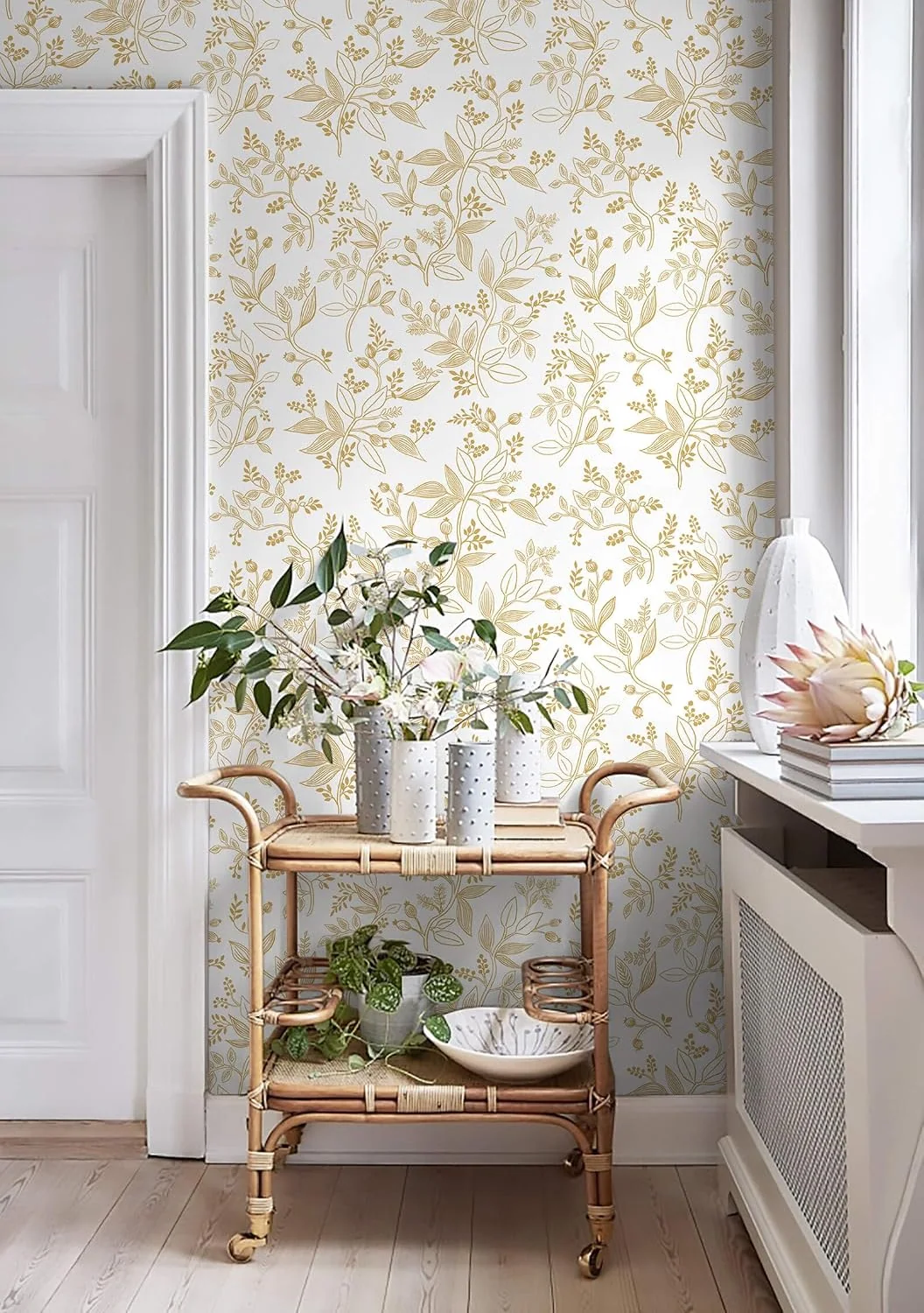 Heroad White and Gold Botanical peel and stick wallpaper in a room