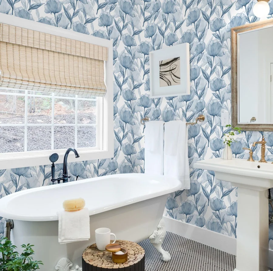 Blue Large Watercolor Floral peel and stick wallpaper in a room