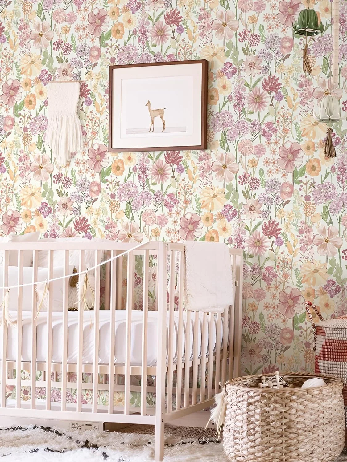 Heroad Pink Farmhouse Floral peel and stick wallpaper in a room