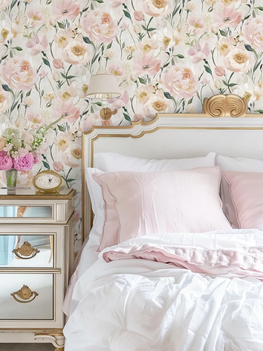 Pink Peony behind a bed