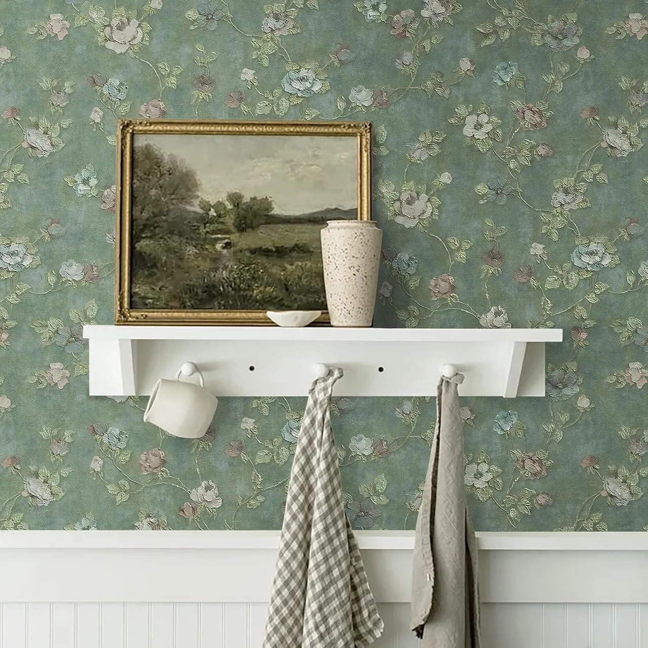 Heroad Green Vintage Rose peel and stick wallpaper in a room