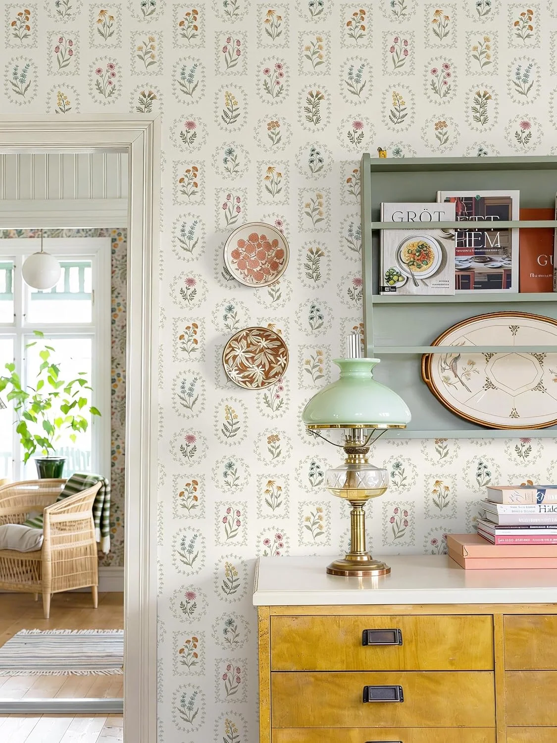 Heroad Cream Botanical Cameo peel and stick wallpaper in a room