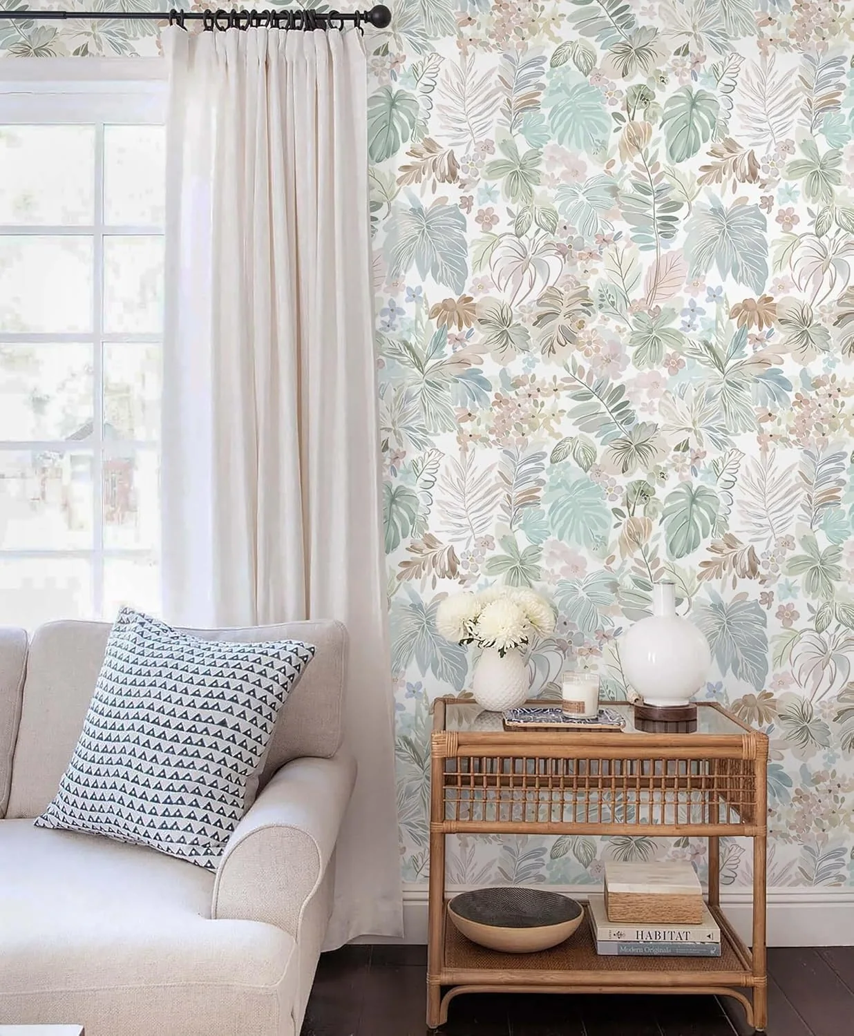 Heroad Pink Tropical Botanical peel and stick wallpaper in a room