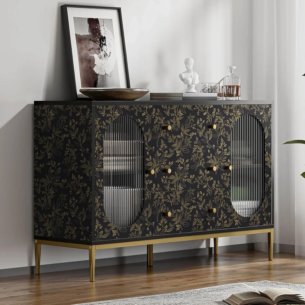 Heroad Black and Gold Modern Floral peel and stick wallpaper in a room