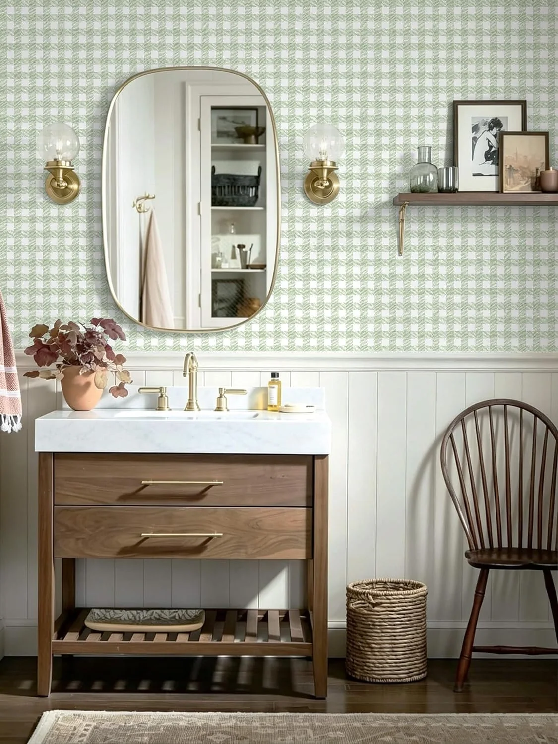 Heroad Green Boho Gingham peel and stick wallpaper in a room