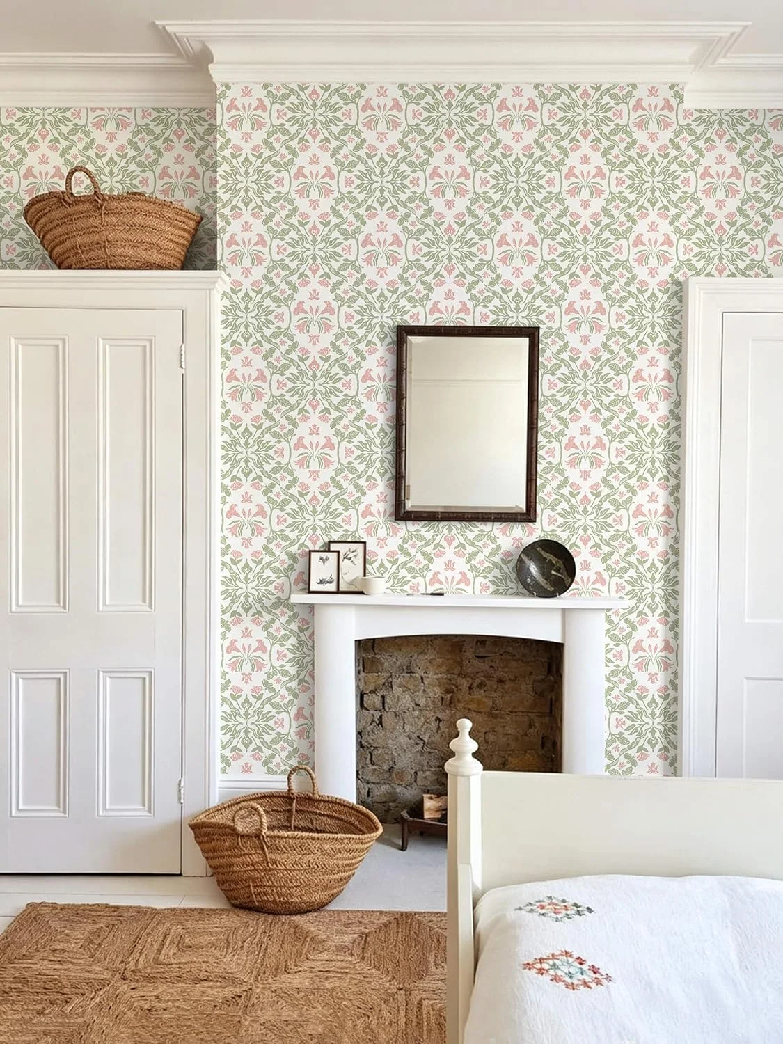 Heroad Pink Damask peel and stick wallpaper in a room