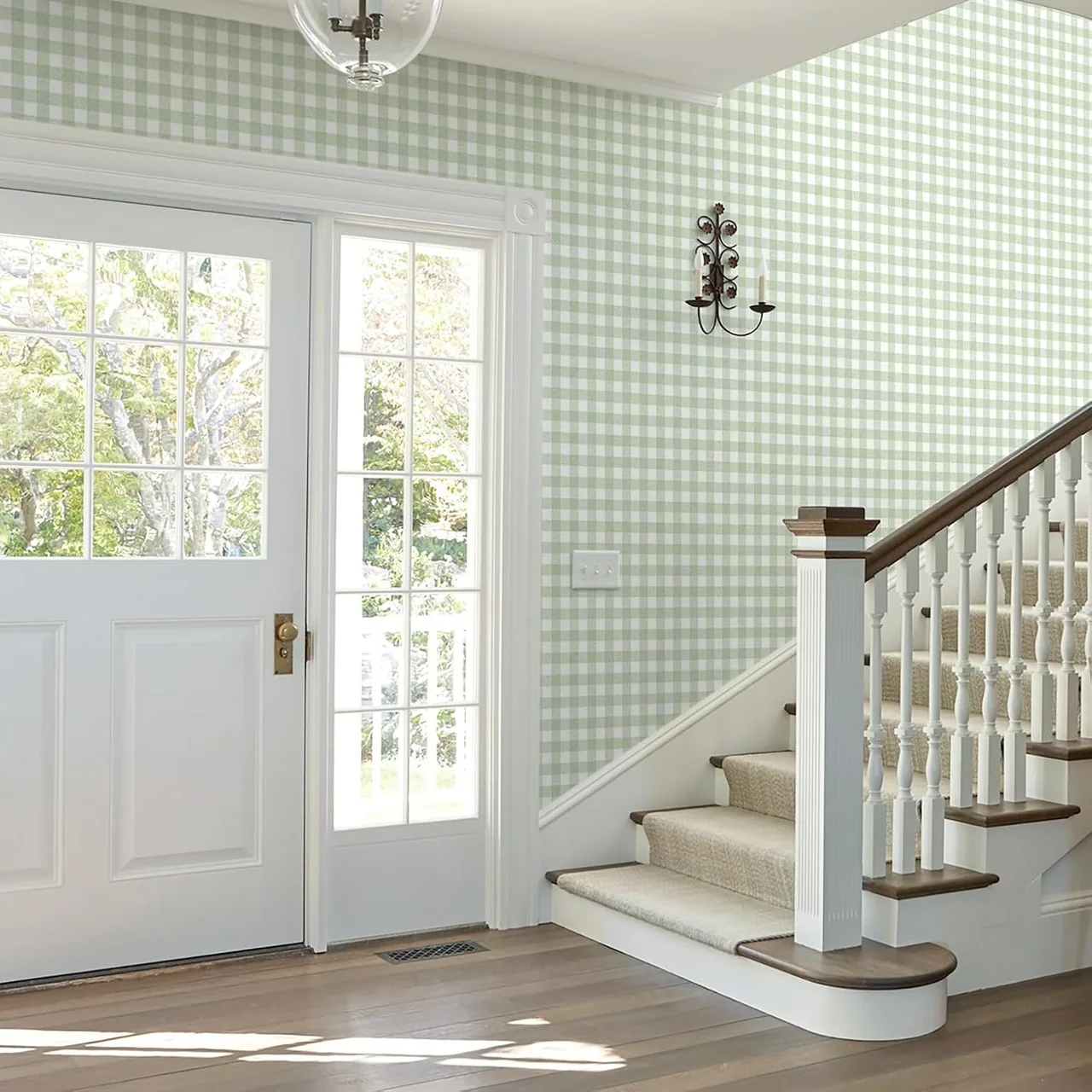 Heroad Green Boho Gingham peel and stick wallpaper in a room