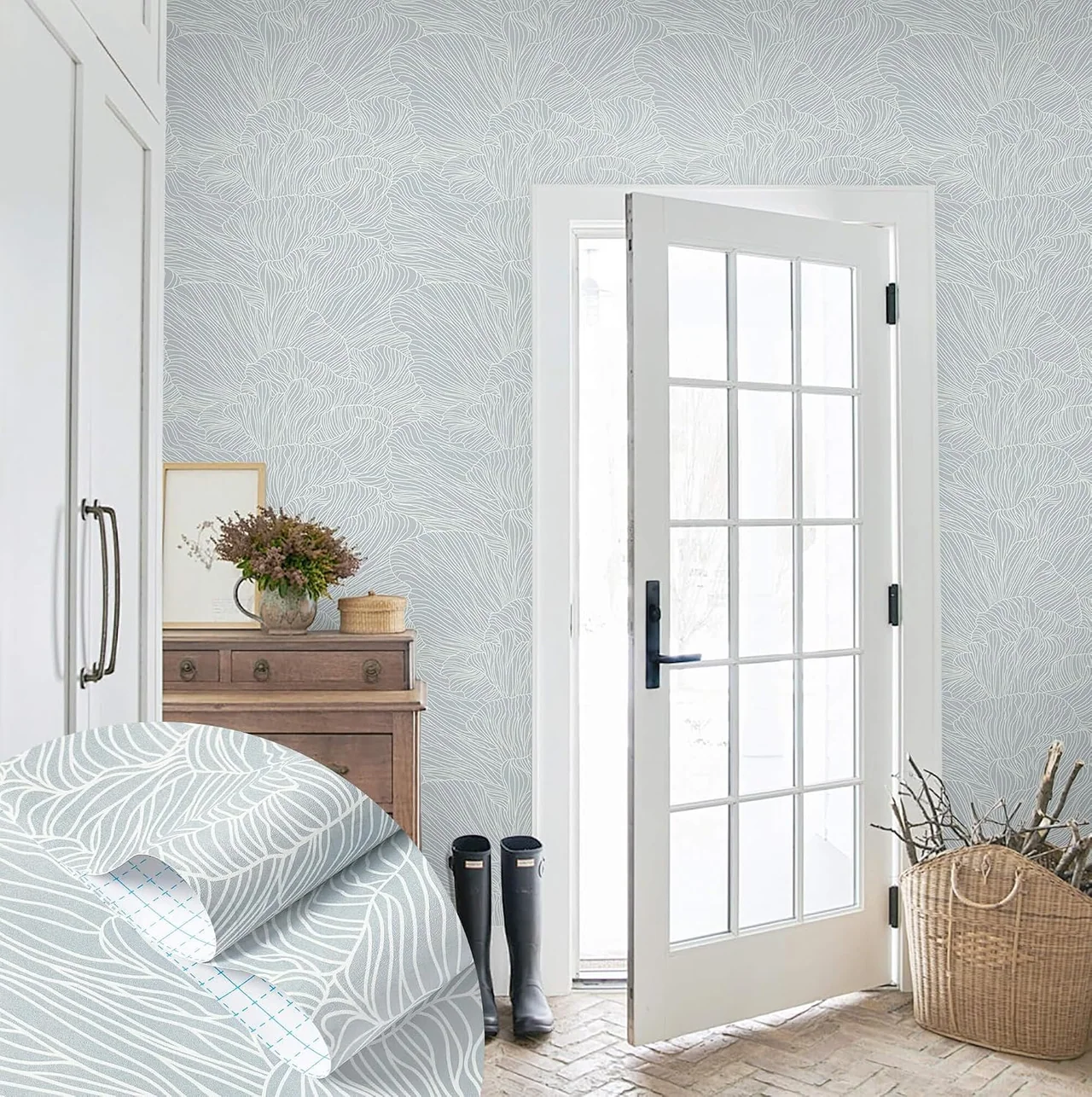 Heroad Blue Boho Wave peel and stick wallpaper in a room