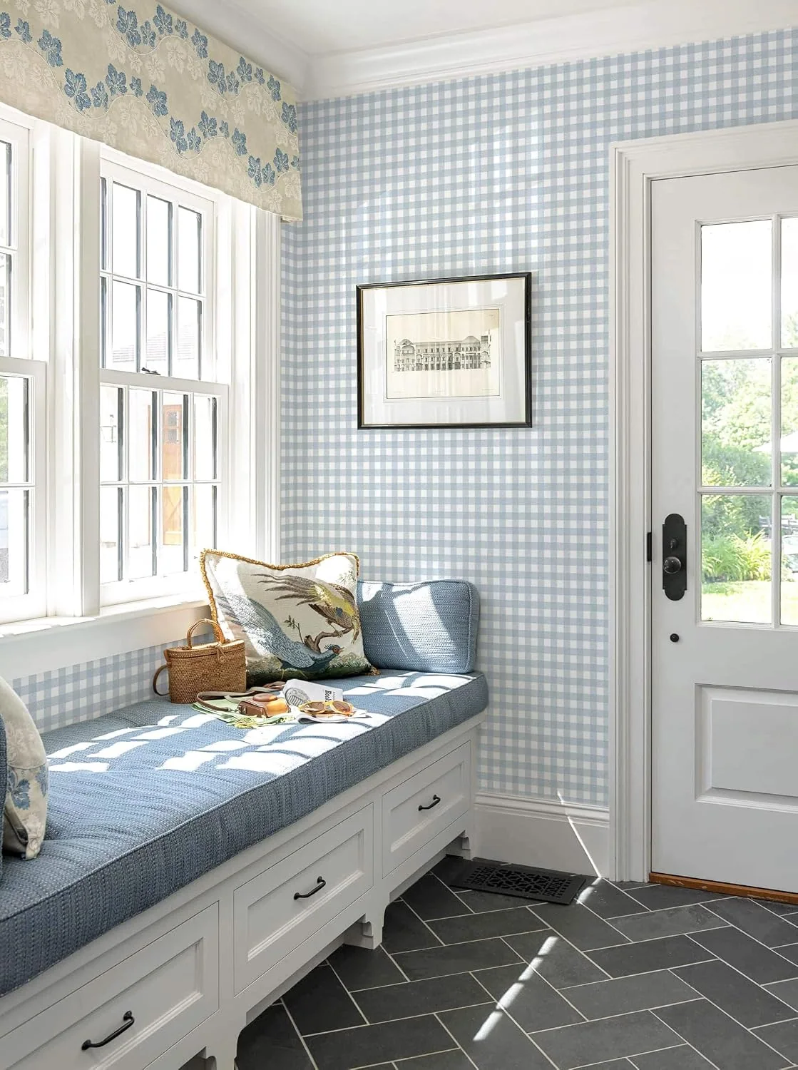 Light Blue Gingham on a nook wall behind a window seat