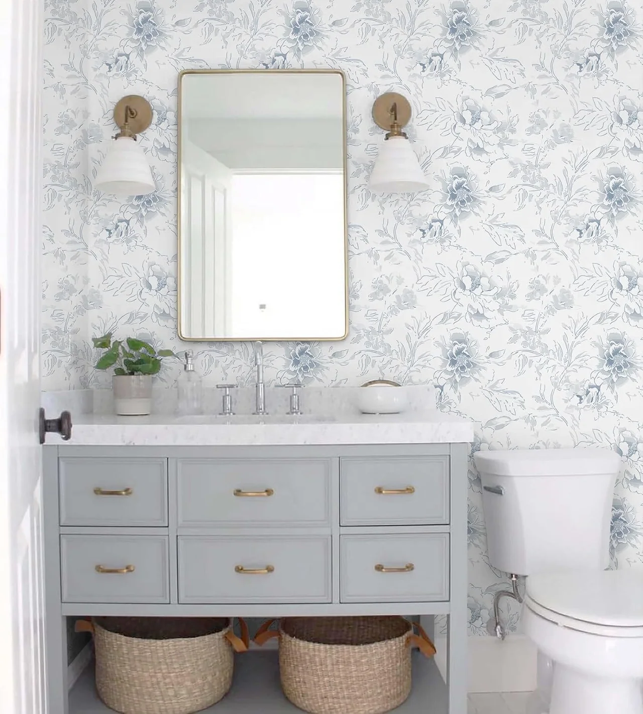 Heroad Blue and White Boho Floral peel and stick wallpaper in a room