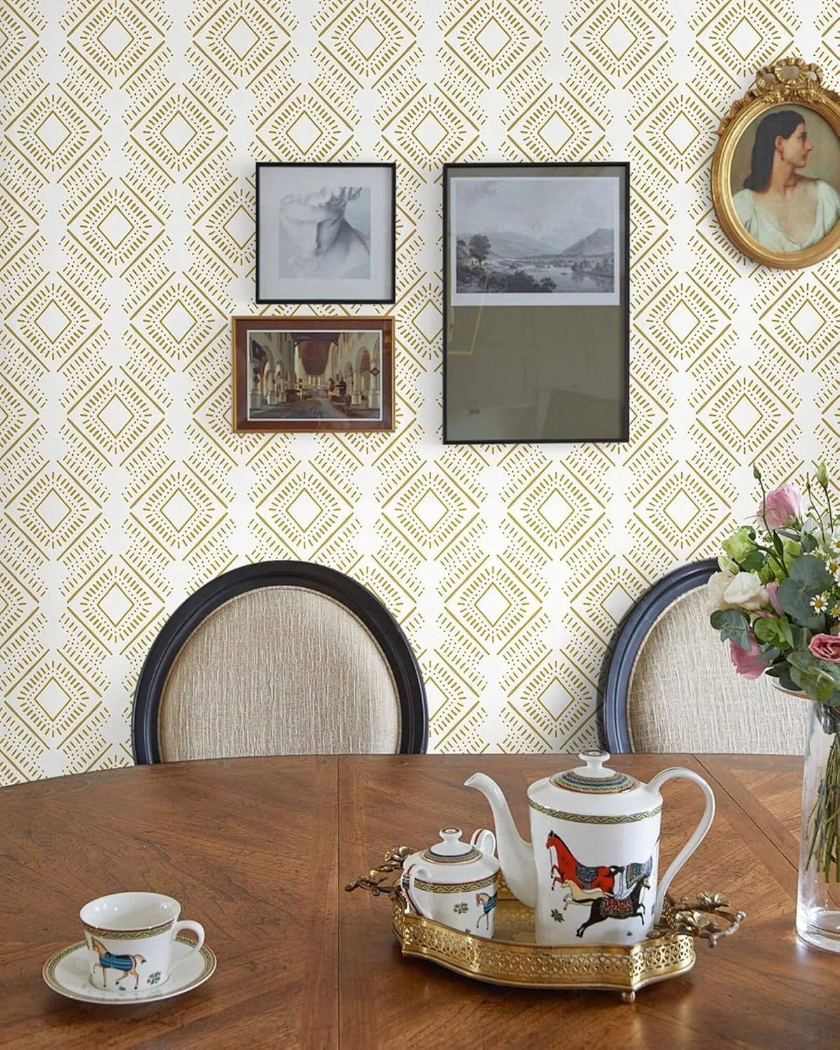 Heroad Beige and Orange Boho Diamond peel and stick wallpaper in a room