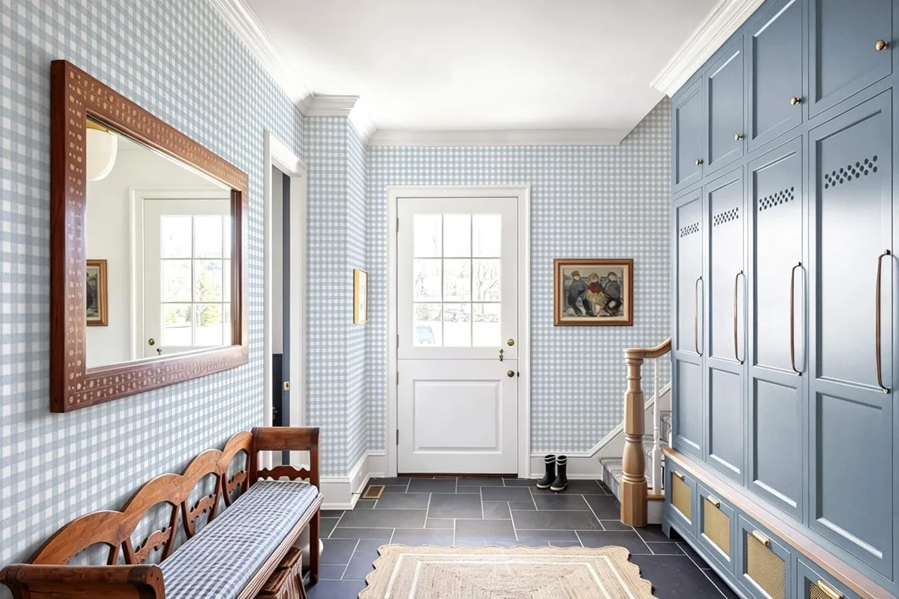 Heroad Light Blue Gingham peel and stick wallpaper in a room