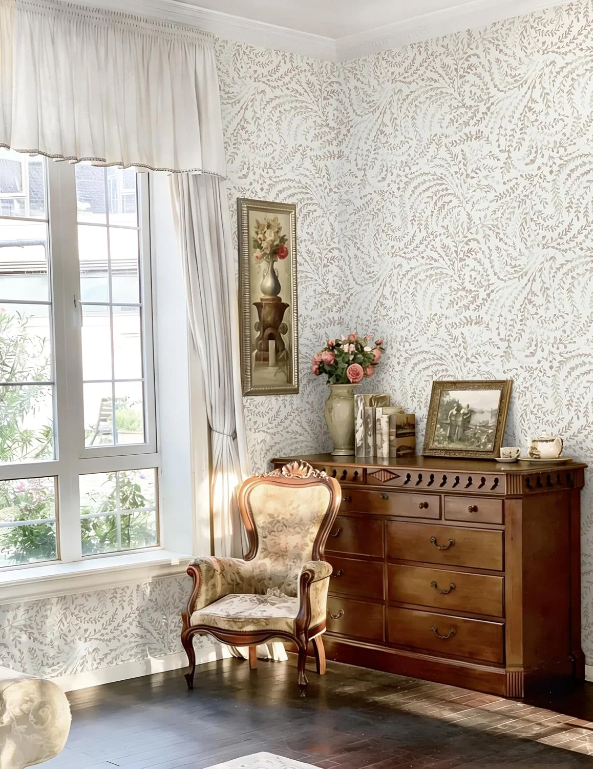 Heroad Beige Leaf Scroll peel and stick wallpaper in a room